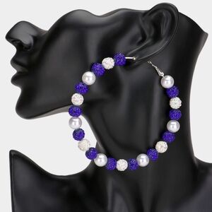 Blue & White Shamballa 3.3" Disco Beads Hoop Earrings Fashion Statement Jewelry